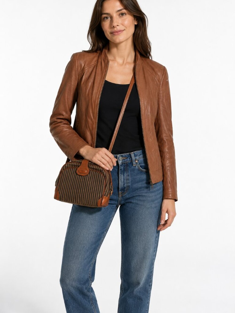 Vex Collection Brown Faux Leather Jacket & Nicolas Vintage Striped Crossbody Bag